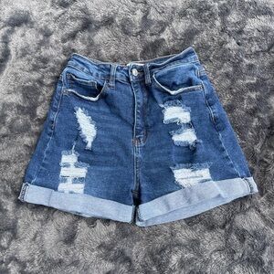 Wax Jean Collection dark wash distressed cuffed high rise 5 pocket jean shorts.
